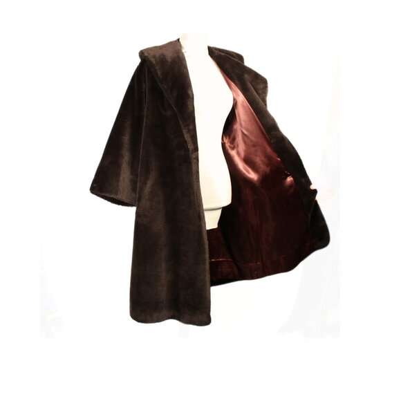 Vintage 1960s Brown Faux Fur Coat Open Front Formal Union Made Size Medium - Picture 4 of 11